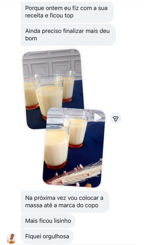 Print de conversa real de cliente que fez o pudim e aprovou a receita