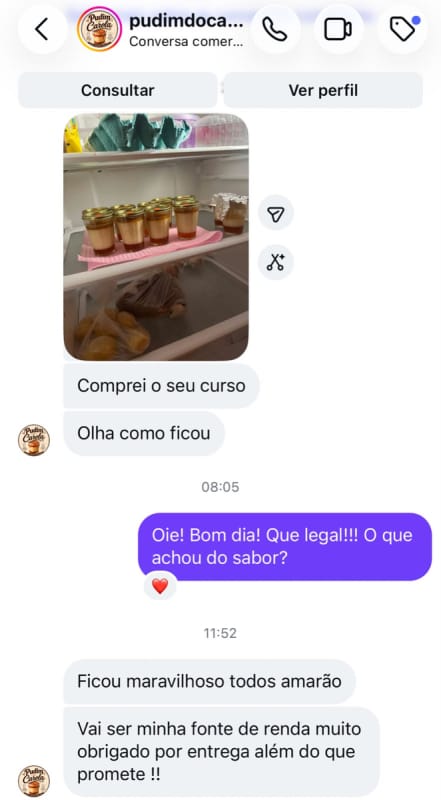 Print de conversa real de cliente que comprou o curso e mostrou o resultado